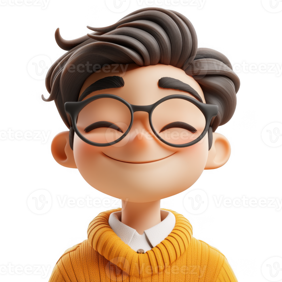 3d icon avatar cartoon boy with glasses is smiling and wearing a yellow sweater png