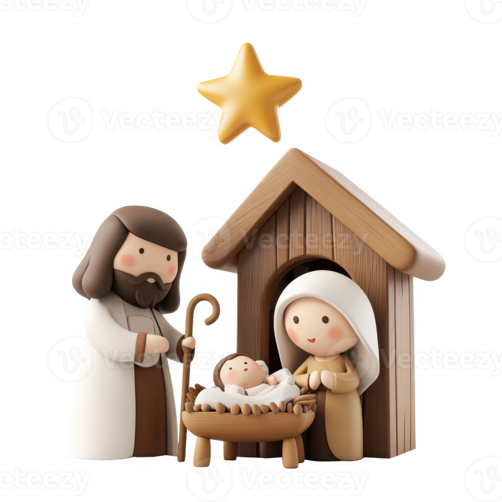 3d icon nativity scene Holy family with baby jesus, mary and joseph celebrating christmas in the manger with transparent background png