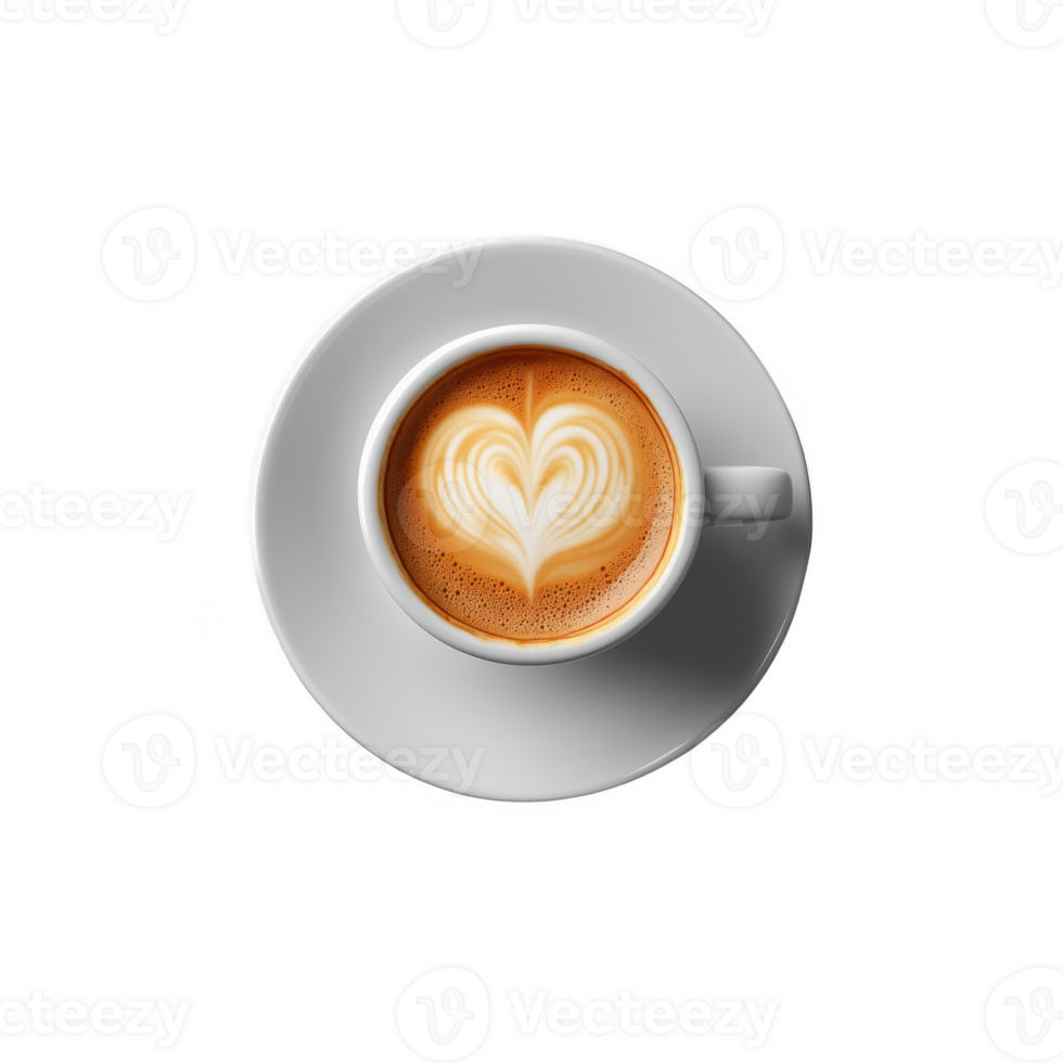 Top view White Coffee Cup Cappuccino with heart. Valentine love concept transparent png