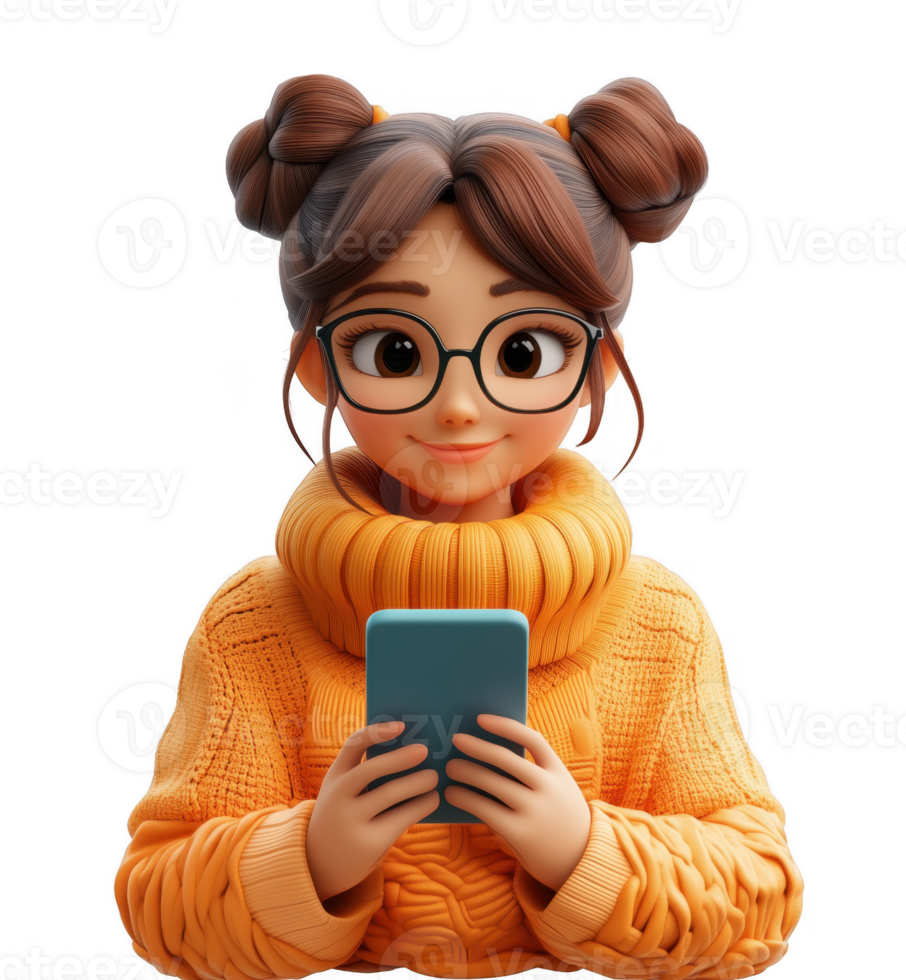 3D icon stylish smiling woman with glasses and phone, avatar cartoon hipster character, people close up portrait on isolated on transparent background png