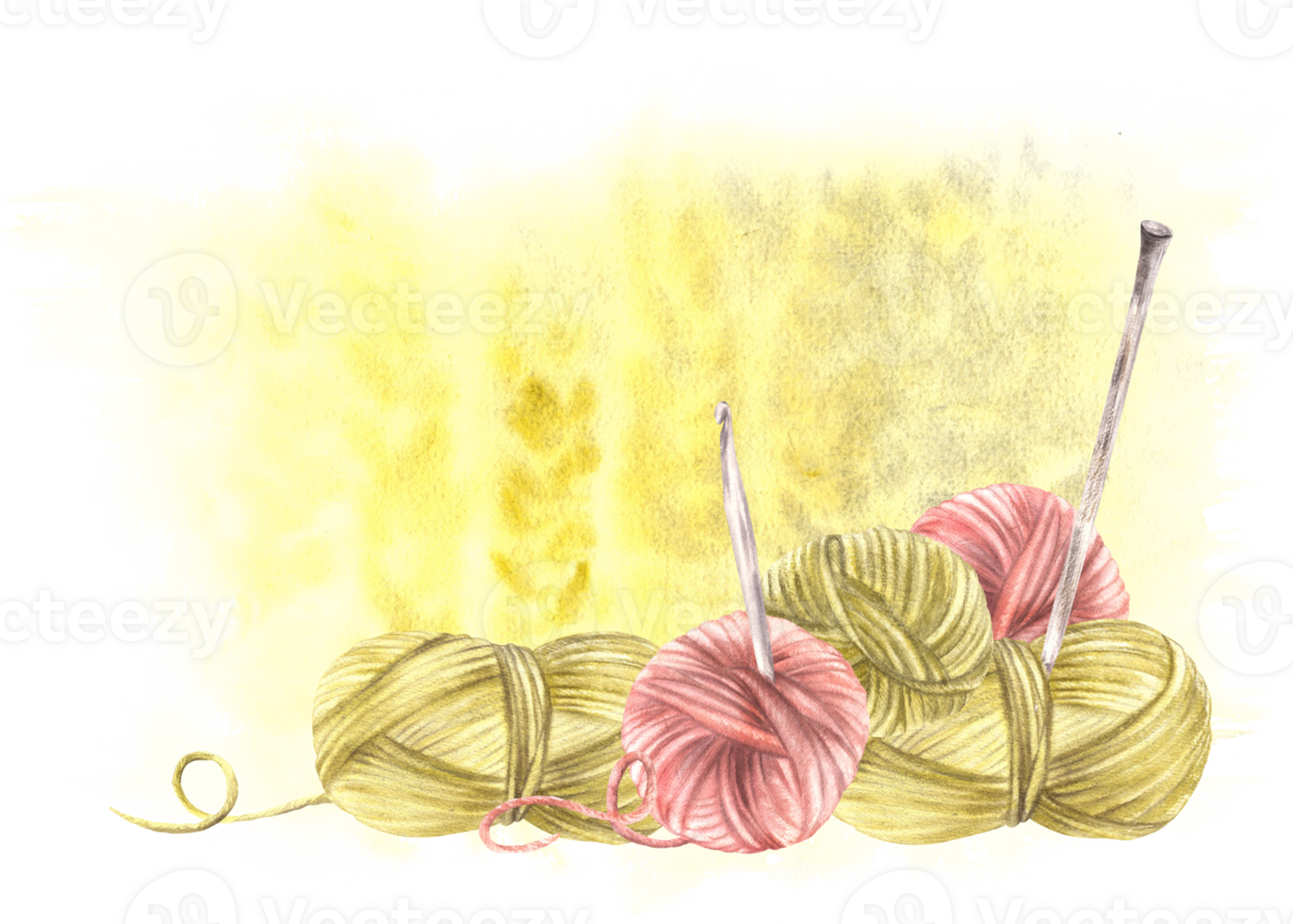 Balls of yarn threads with knitting needles on knit texture on the watercolor yellow background. Hand drawn isolated illustration. Green, pink skeins of string. Hobby card, handicrafts label template. png