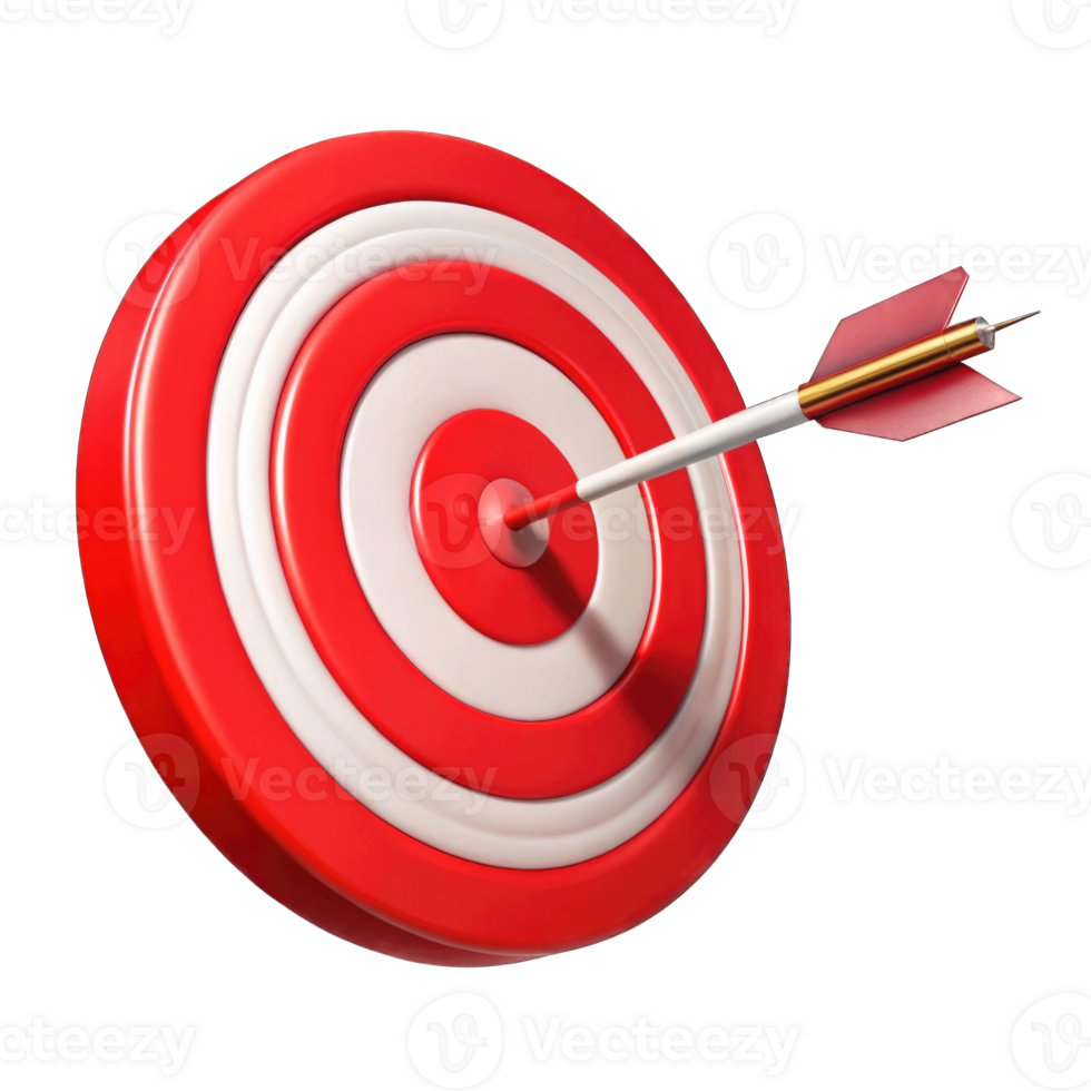 Red bullseye dart arrow hitting target center of dartboard. Concept of success, target, goal, achievement. A arrow hit target 3D rendering png