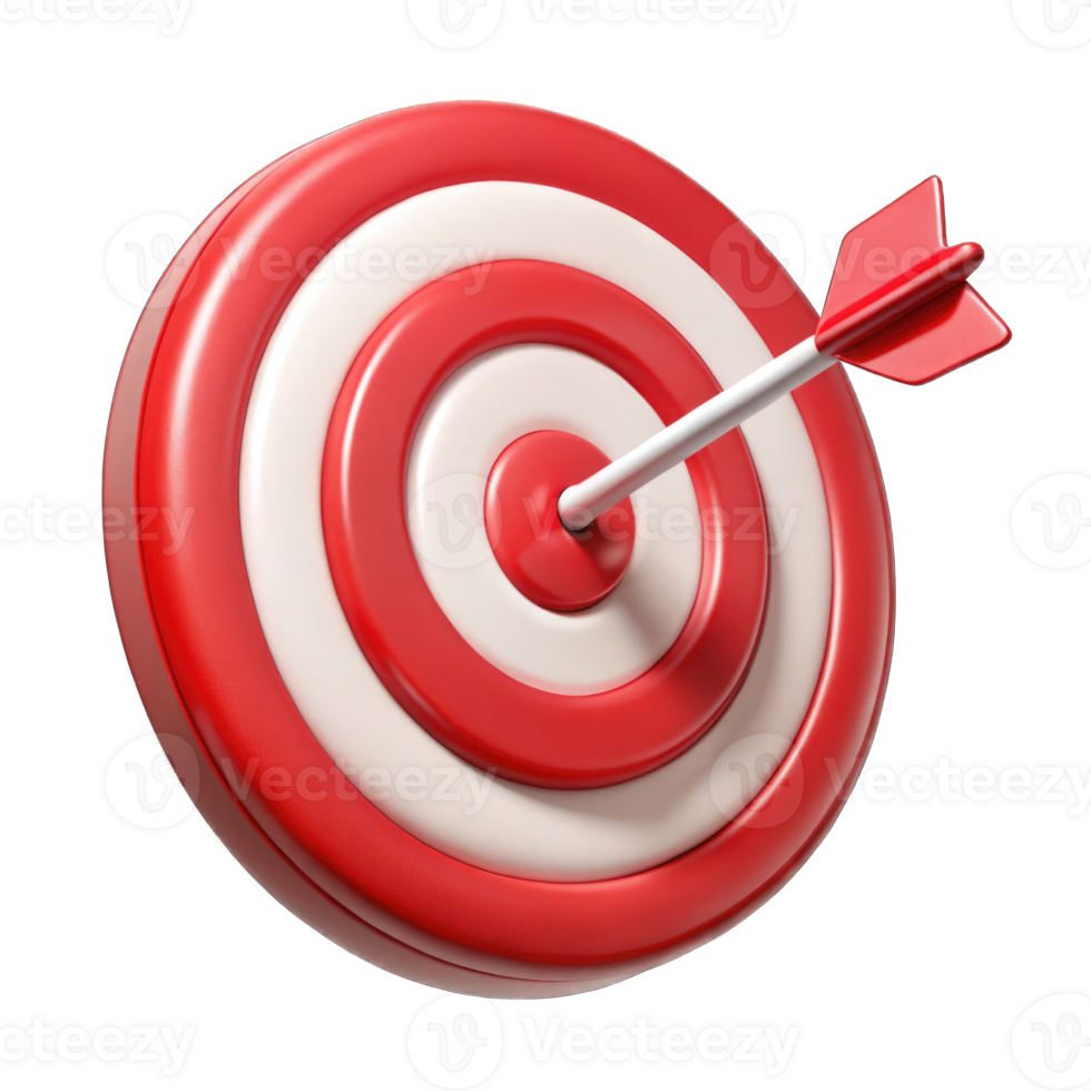 Red bullseye dart arrow hitting target center of dartboard. Concept of success, target, goal, achievement. 3D rendering png
