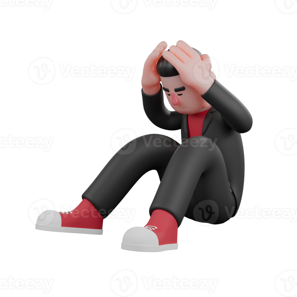 Cartoon Dance Choreographer Model. A male choreographer sits on the floor with his head bowed and both hands above his head with a desperate expression. 3D Performer png