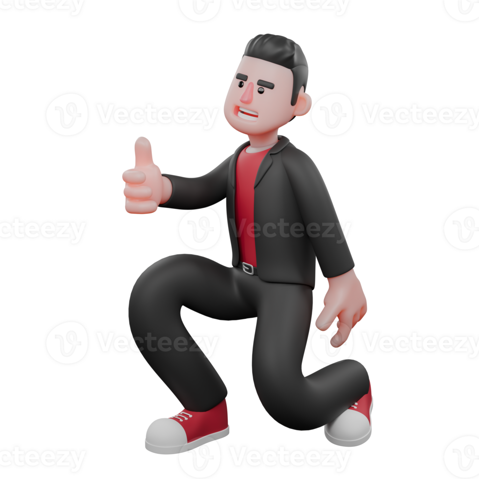 Animated Dance Choreographer in 3D. A male choreographer crouches while pointing his right thumb forward. Dance Talent png