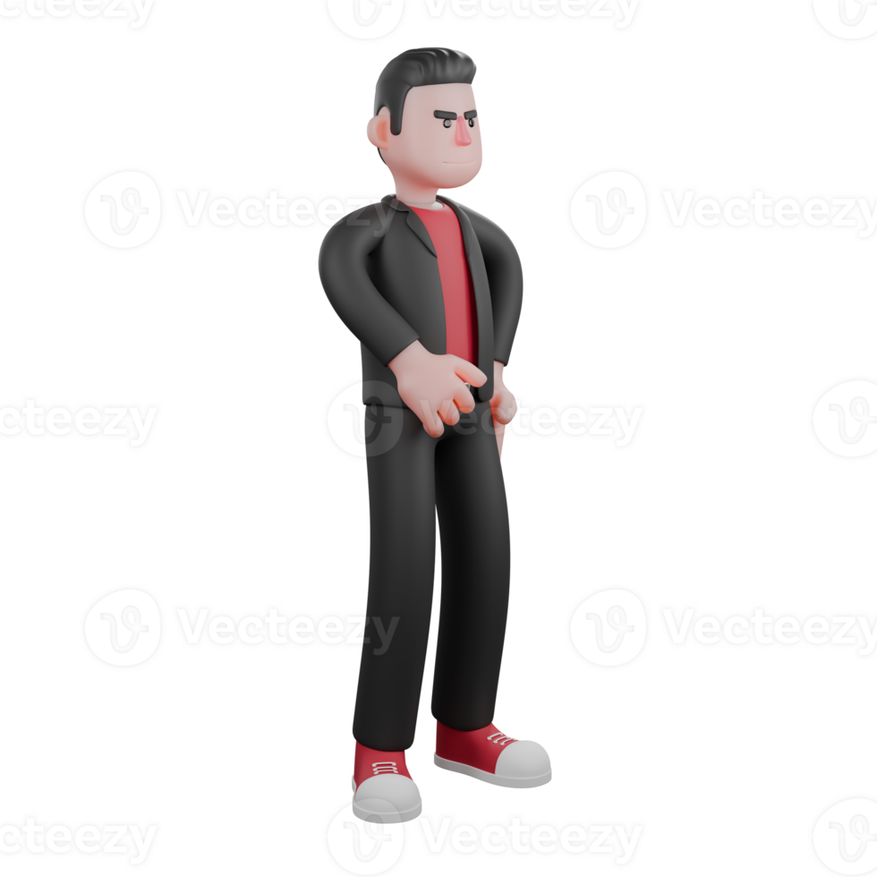 Cartoon Choreographer 3D Character . A male choreographer stands with his left hand on his waist and his right hand in front of his waist with a serious expression. Dance Star png