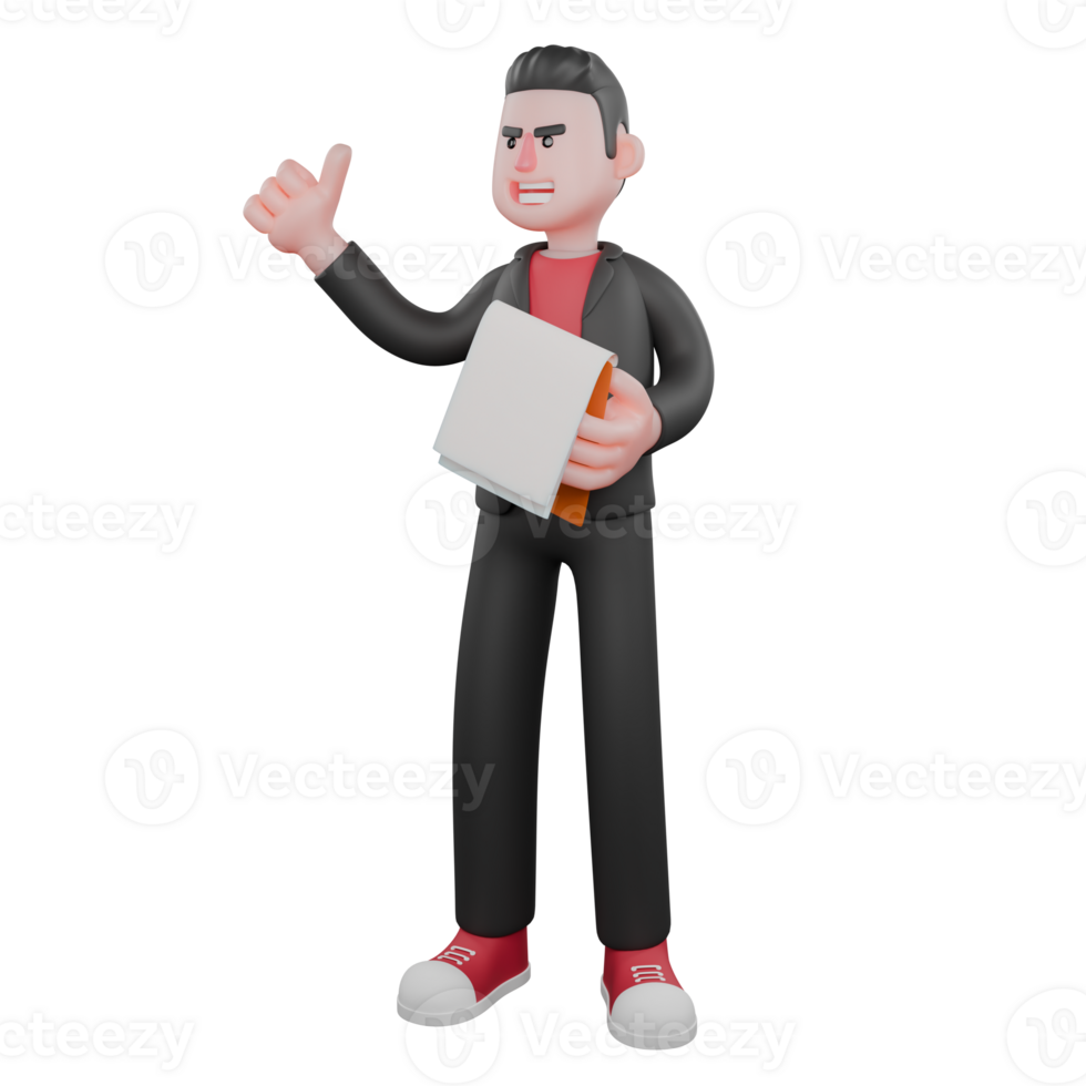 Dance Creator Character in 3D. A male choreographer stands holding a clipboard in his right hand and raising his left thumb with a happy expression. Choreographer Model png