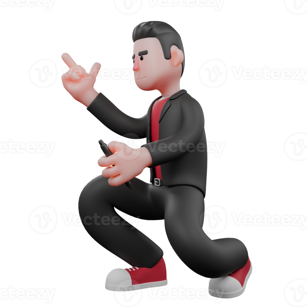 Cartoon Dance Performer in 3D. A male choreographer crouches holding a pen in hand with a serious expression. Choreographer Design png