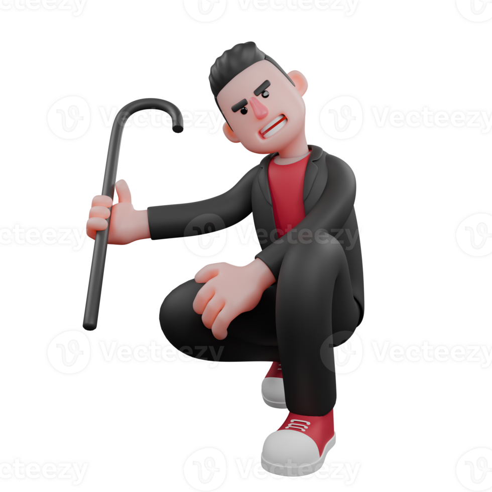 3D Dance Choreographer Model. A male choreographer squats, holding a baton in his right hand. Confused expression. Animated Character png