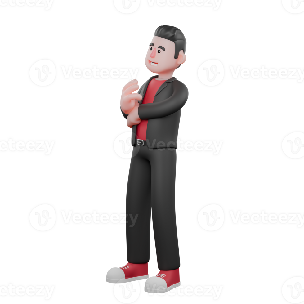 Choreographer in 3D. A male choreographer stands with both hands in front of his body with a happy expression. Dance Artist Model png