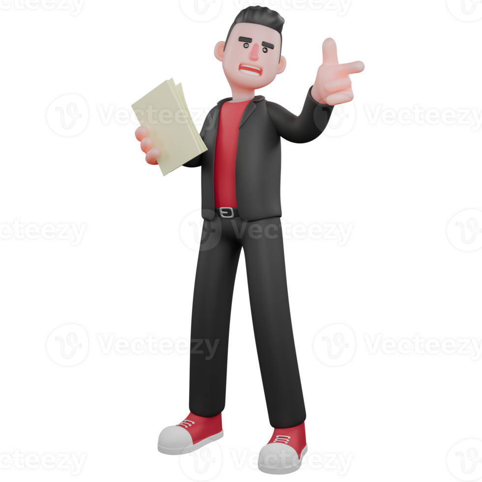 3D Choreographer Dance Model. A male choreographer stands holding a paper in his left hand and his right hand points forward with a happy expression. Cartoon Talent png
