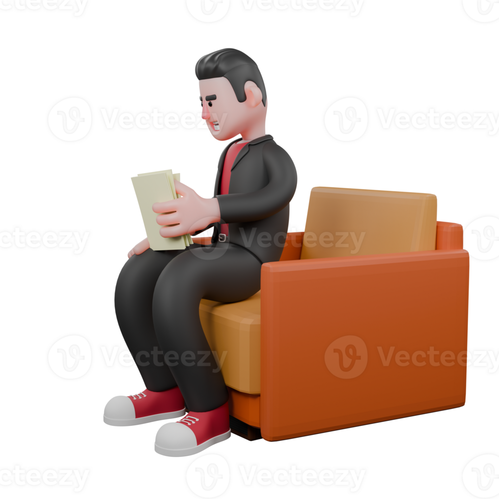 3D Cartoon Choreographer Design. A male choreographer sits on a sofa holding a sheet of paper in his hand with a focused expression. Dance Artist png
