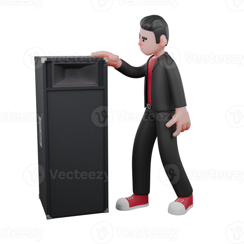 3D Choreographer in Cartoon Design. A male choreographer stands beside a speaker while holding the end of the speaker with an expression of paying attention. Dance Performer png