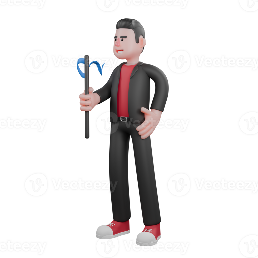 3D Cartoon Dance Performer. A male choreographer standing holding a twirling stick in his left hand with a happy expression. Choreographer Design png