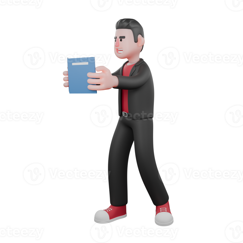 3D Dance Choreographer Character. A male choreographer stands holding a book in hand with a happy expression. Animated Artist png