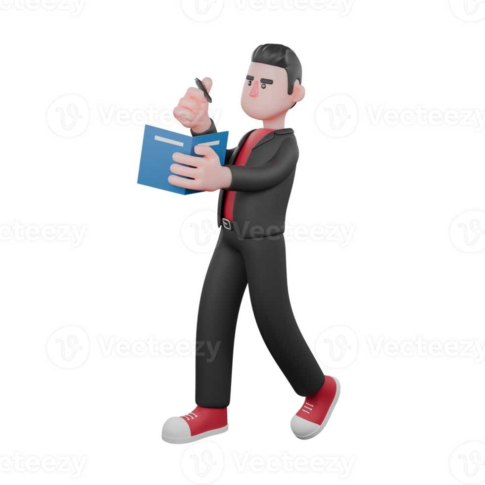 Dance Star 3D Cartoon Character. A male choreographer walks holding a book and a pen in his hand with a serious expression. Choreographer Design png