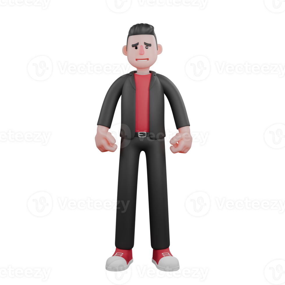 3D Model of Choreographer. A male choreographer stands with both hands beside his body with a sad expression. Dance Artist Character png