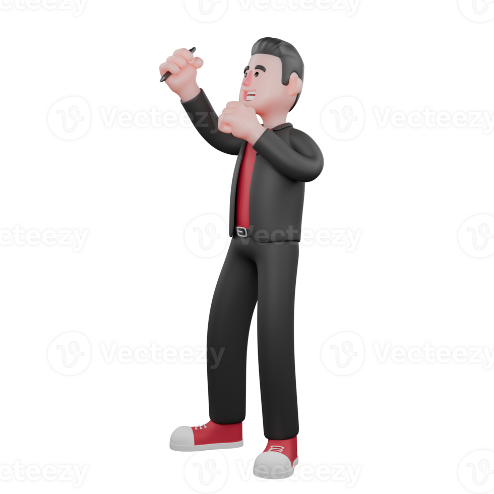 Cartoon Dance Choreographer Character. A male choreographer standing holding a pen in his left hand and his right hand clenched with happy expression. 3D Performer png