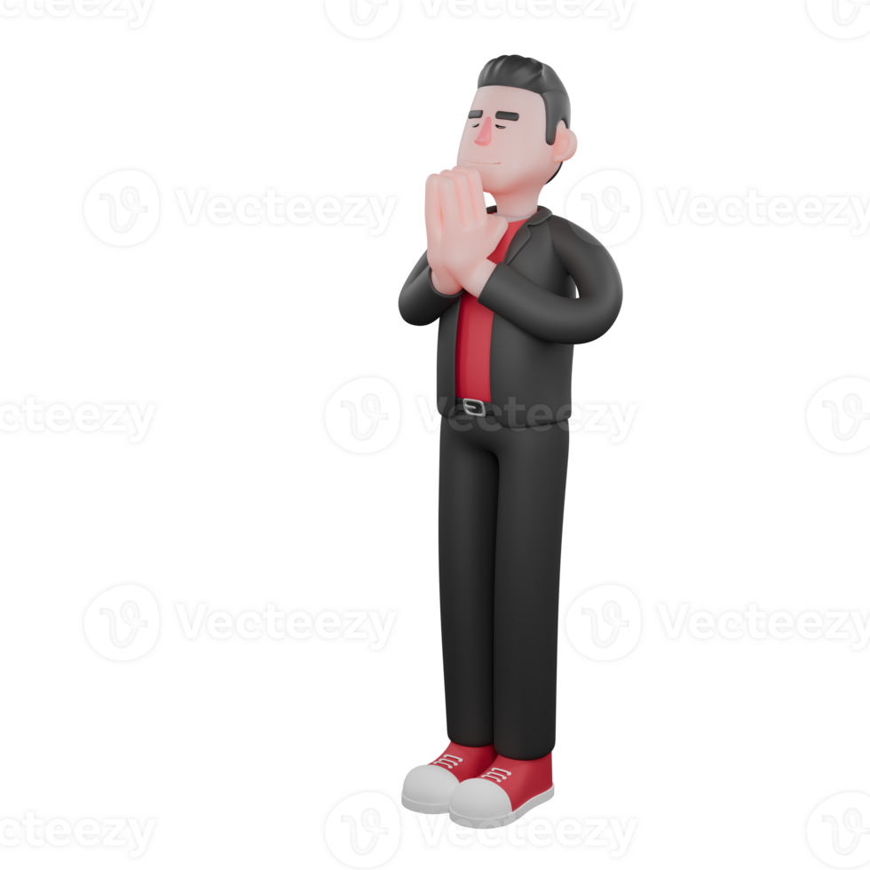 Choreographer Dance Performer in 3D. A male choreographer stands with his palms pressed together in front of his neck. Cartoon Artist png
