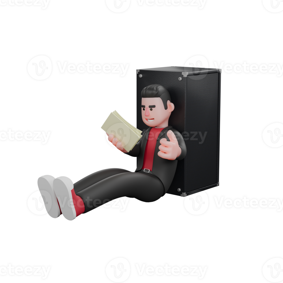3D Choreographer Cartoon Performer. A male choreographer sitting on the floor with his back leaning on the speaker holding a paper with a focused expression. Dance Star png