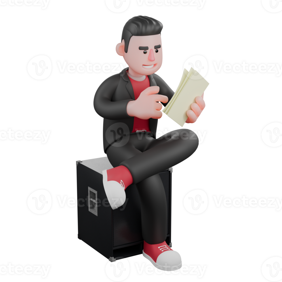 Dance Performer in 3D Cartoon. A male choreographer sits on a speaker holding a paper in his hand with a happy expression. Choreographer Model png