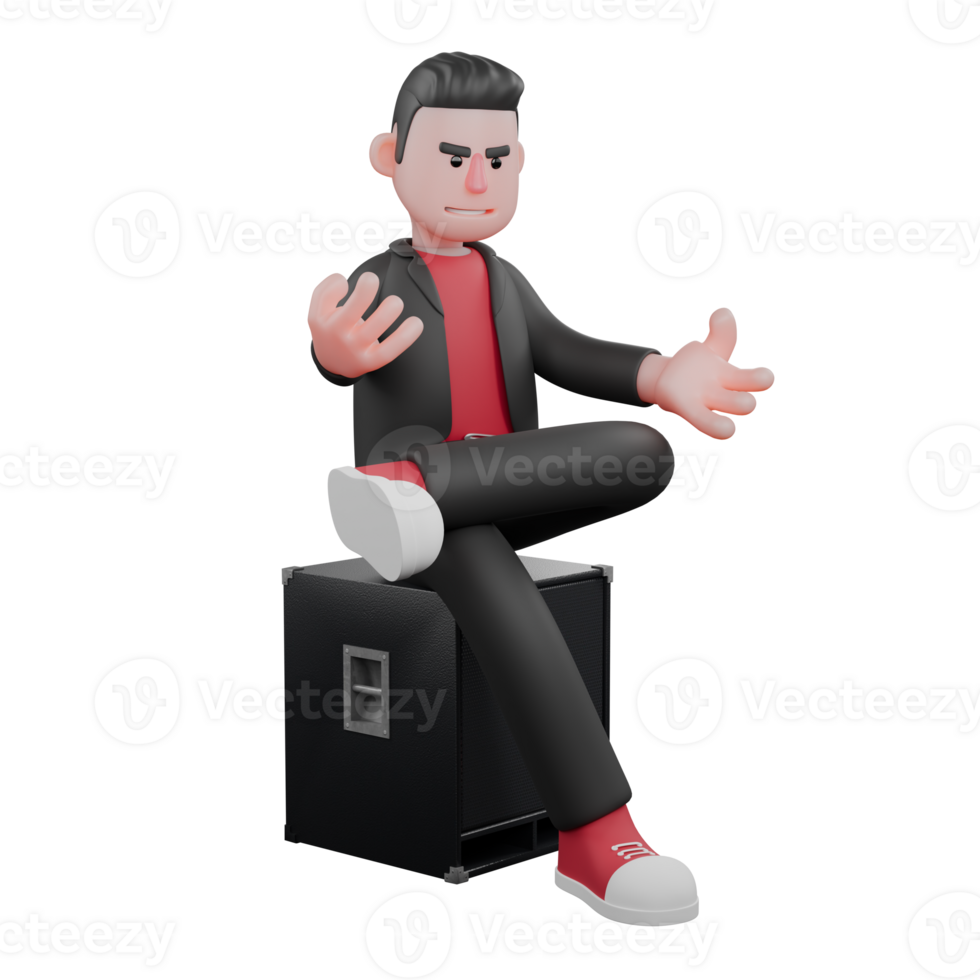 3D Dance Choreographer Character Model. A male choreographer sits on a speaker with both hands raised up with palms facing up, an excited expression. Animated Artist png