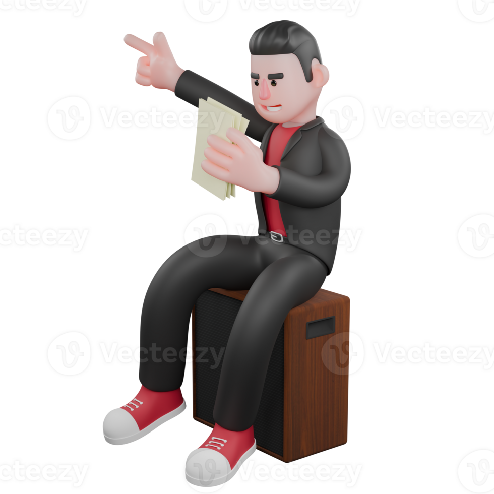 Dance Star Cartoon in 3D. A male choreographer sits on a speaker holding paper in his left hand and his right hand pointing up with a happy expression. Choreographer Design png
