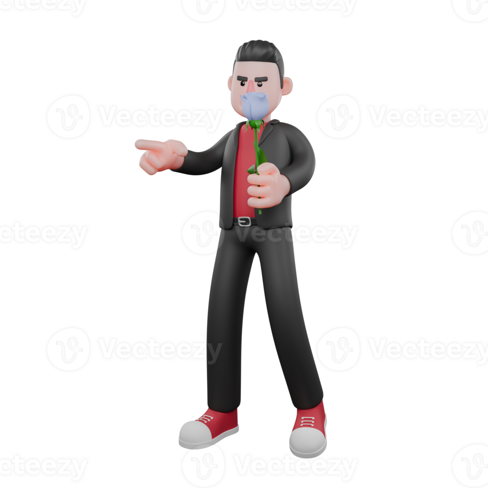 3D Choreographer in Cartoon Design. A male choreographer stands, his right hand pointing forward and his left hand holding a flower. Dance Performer png