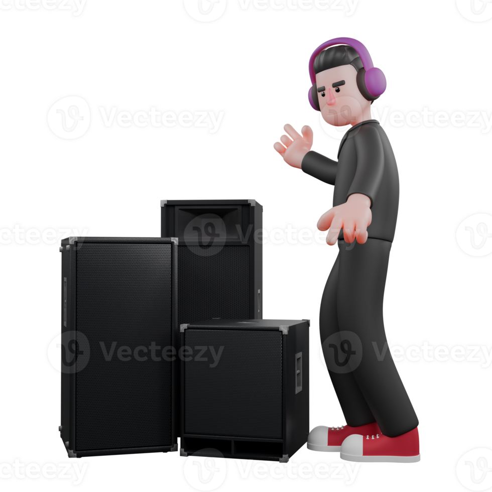 Cartoon Dance Star Choreographer. A male choreographer stands beside a speaker while listening to music on a headphone. 3D Performer png