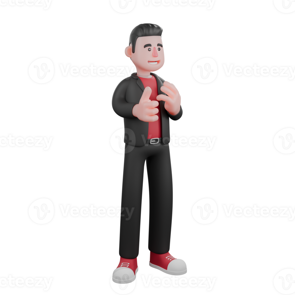 3D Choreographer Cartoon Character. A male choreographer stands with both hands in front of the body with an excited expression. Dance Creator png