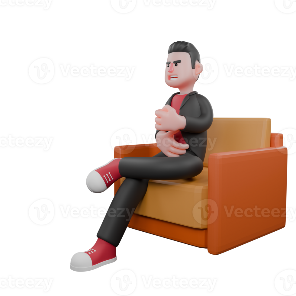 Dance Performer Cartoon Model. A male choreographer sits on a sofa with his right hand around his stomach and his right hand clenched in front. 3D Choreographer png