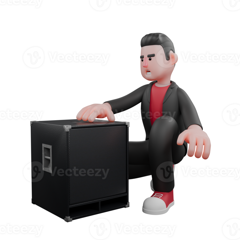 Animated Choreographer in 3D Model. A male choreographer crouches behind a speaker with a shocked expression. Dance Performer png
