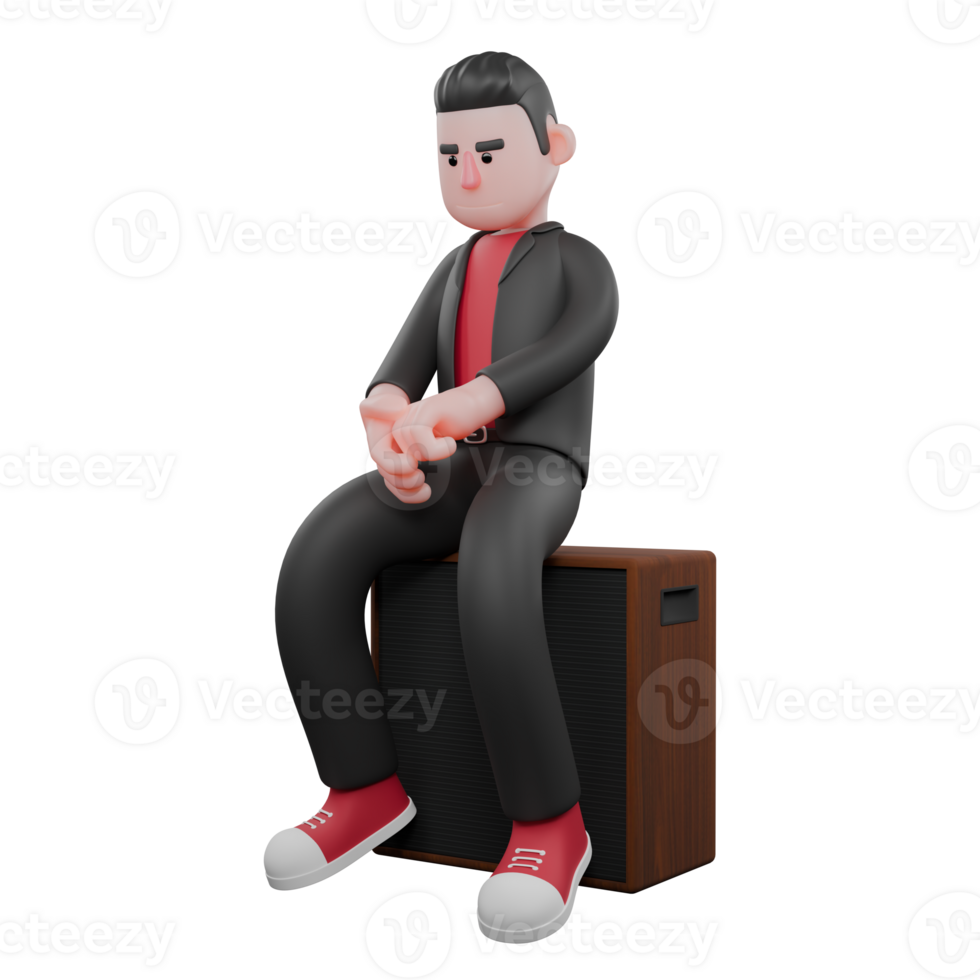 3D Dance Performer Character. A male choreographer sits at the speaker while holding his hands with a thoughtful expression. Choreographer Model png