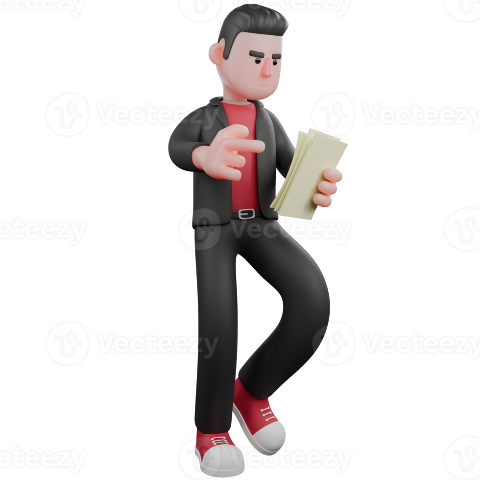 Dance Choreographer 3D Character. A male choreographer stands while pointing at the paper he is holding. Cartoon Artist png