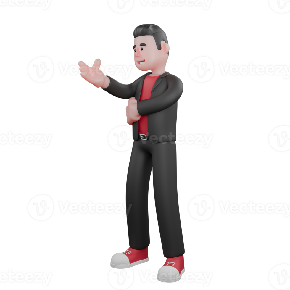 Cartoon Dance Performer Character. A male choreographer stands with his left hand in front of his chest and his right hand extended forward with a happy expression. 3D Choreographer png