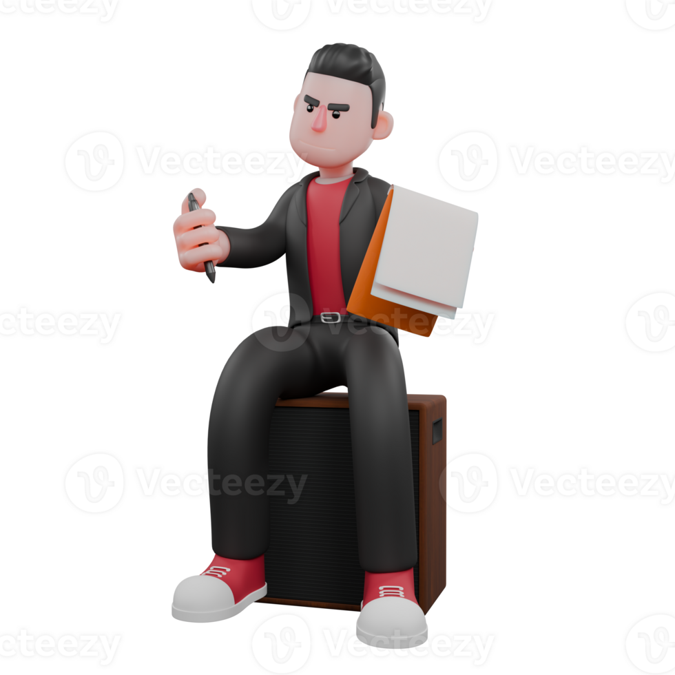 3D Choreographer Cartoon Artist. A male choreographer sits at the speaker holding a clipboard and a pen in his hand with a serious expression. Dance Creator png