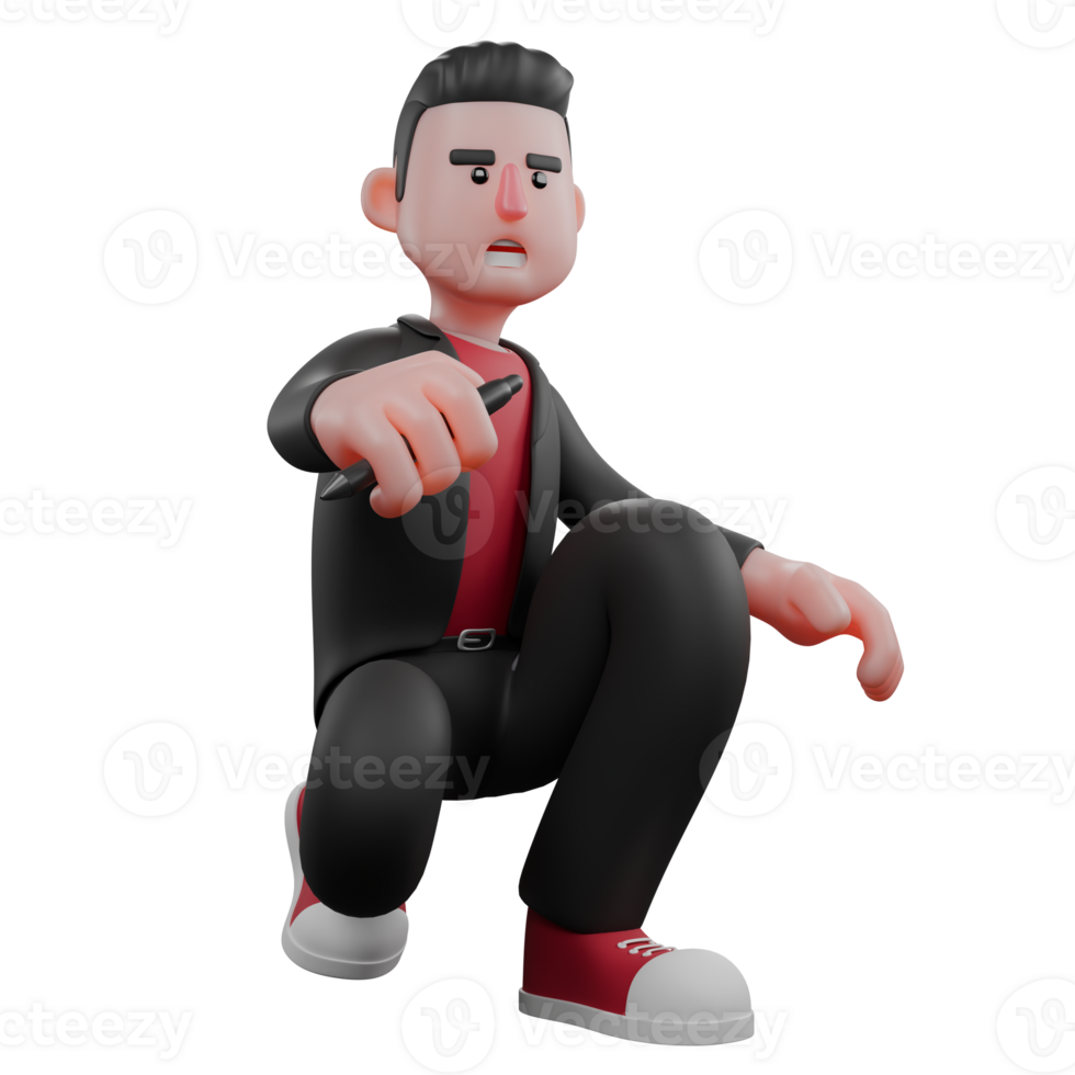 Dance Performer in 3D. A male choreographer crouches holding a pen in his hand with a shocked expression. Choreographer Model png