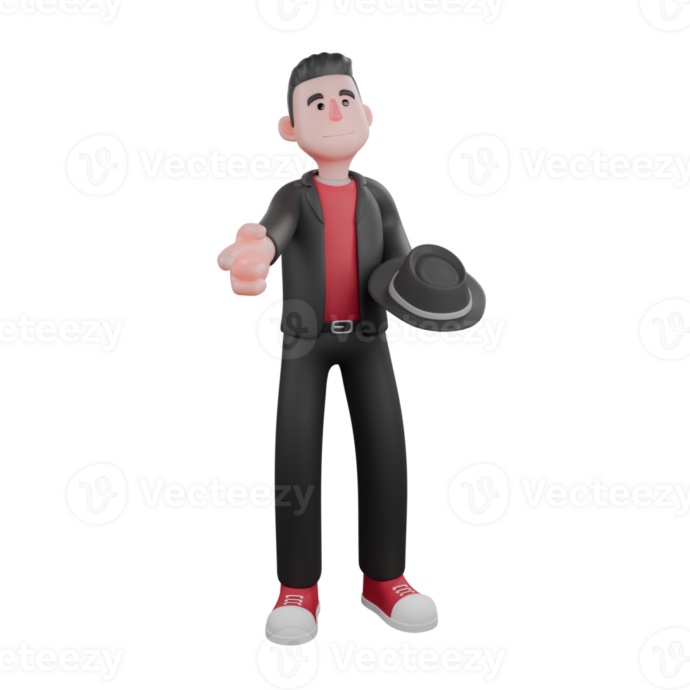 3D Model of Dance Artist. A male choreographer stands, his left hand holding a caplin hat and his right hand pointing forward. Choreographer Character png