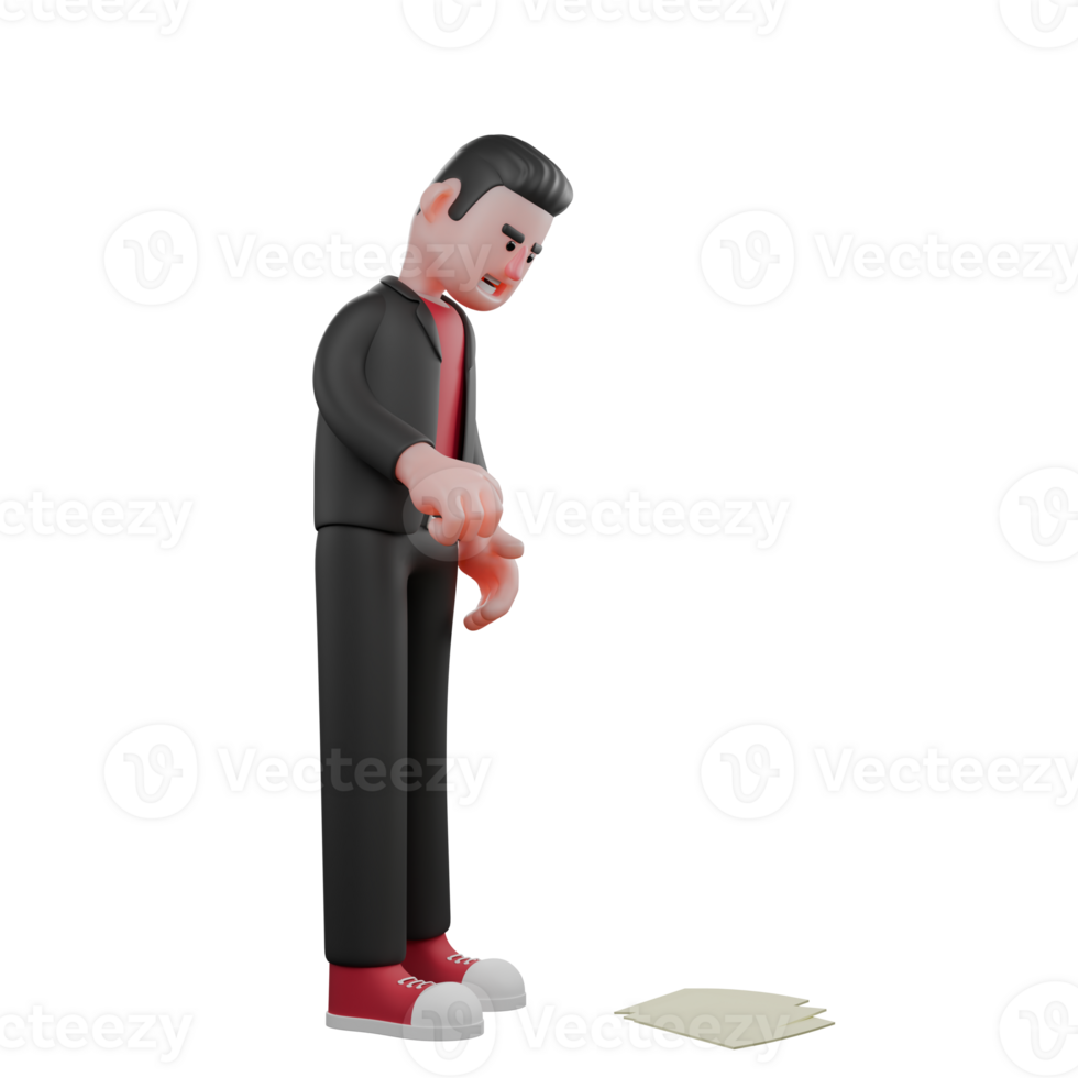 Animated Choreographer Dance Model. A male choreographer stands behind a sheet of paper with his body slightly bent and his eyes looking at the paper below. 3D Performer png