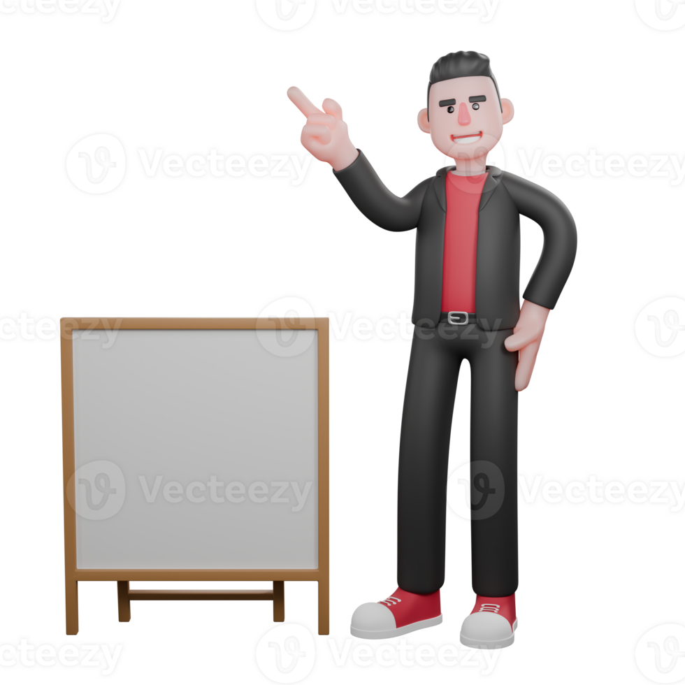 Choreographer in 3D. A male choreographer sitting beside white board with his left hand pointing to paper and his left hand on his waist with happy expression. Dance Artist Design png