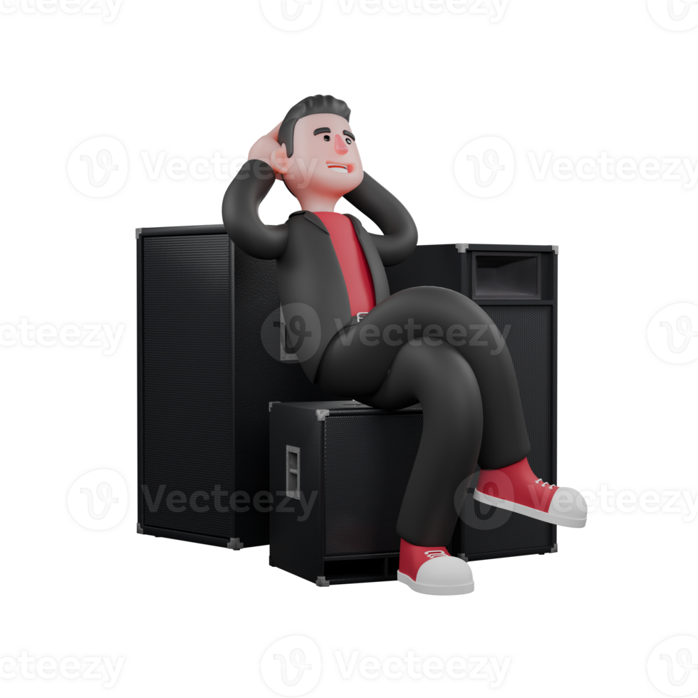 3D Dance Choreographer Character Model. A male choreographer sitting on speaker with hands behind his head with happy expression. Animated Artist png