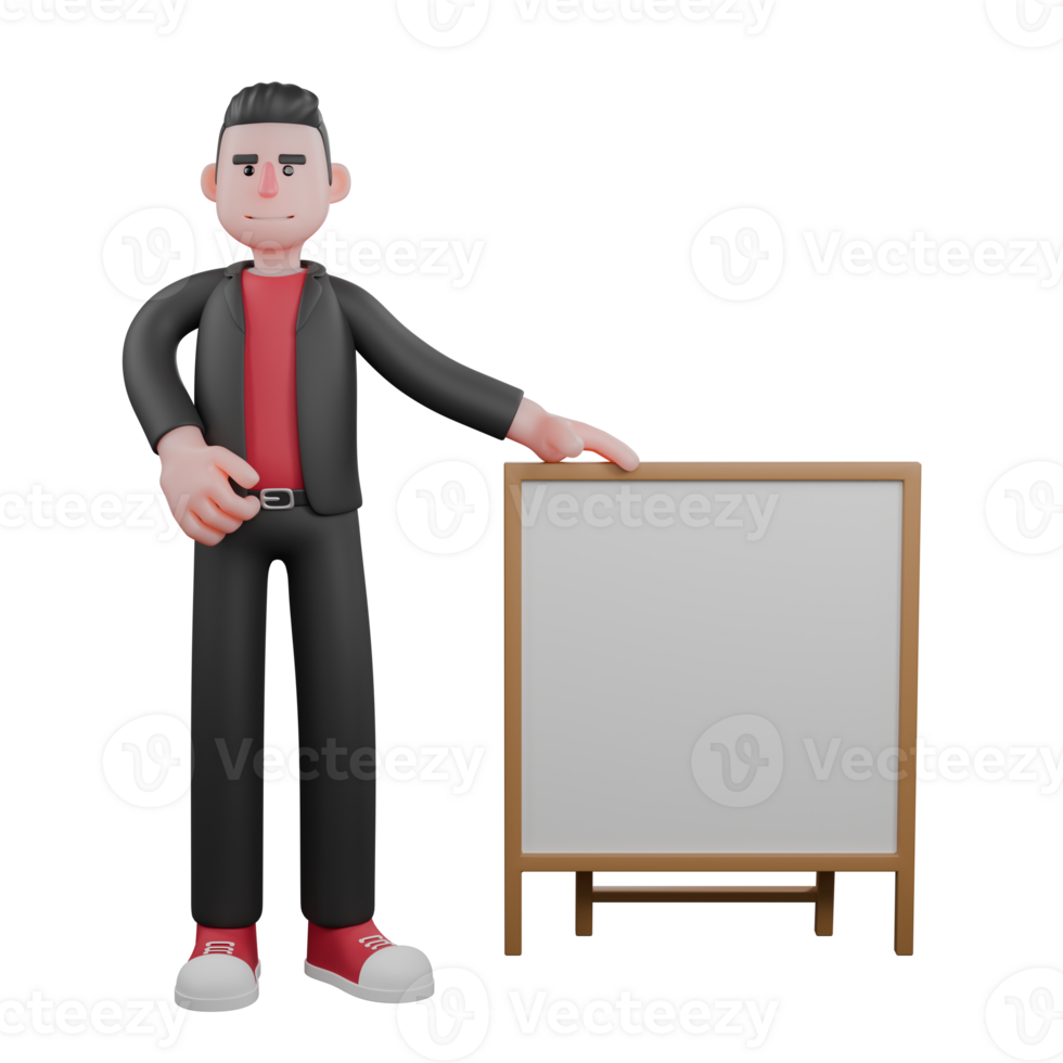 3D Choreographer Model . A male choreographer stands beside a white board with his right hand on the board with a smiling expression. Animated Dance Talent png