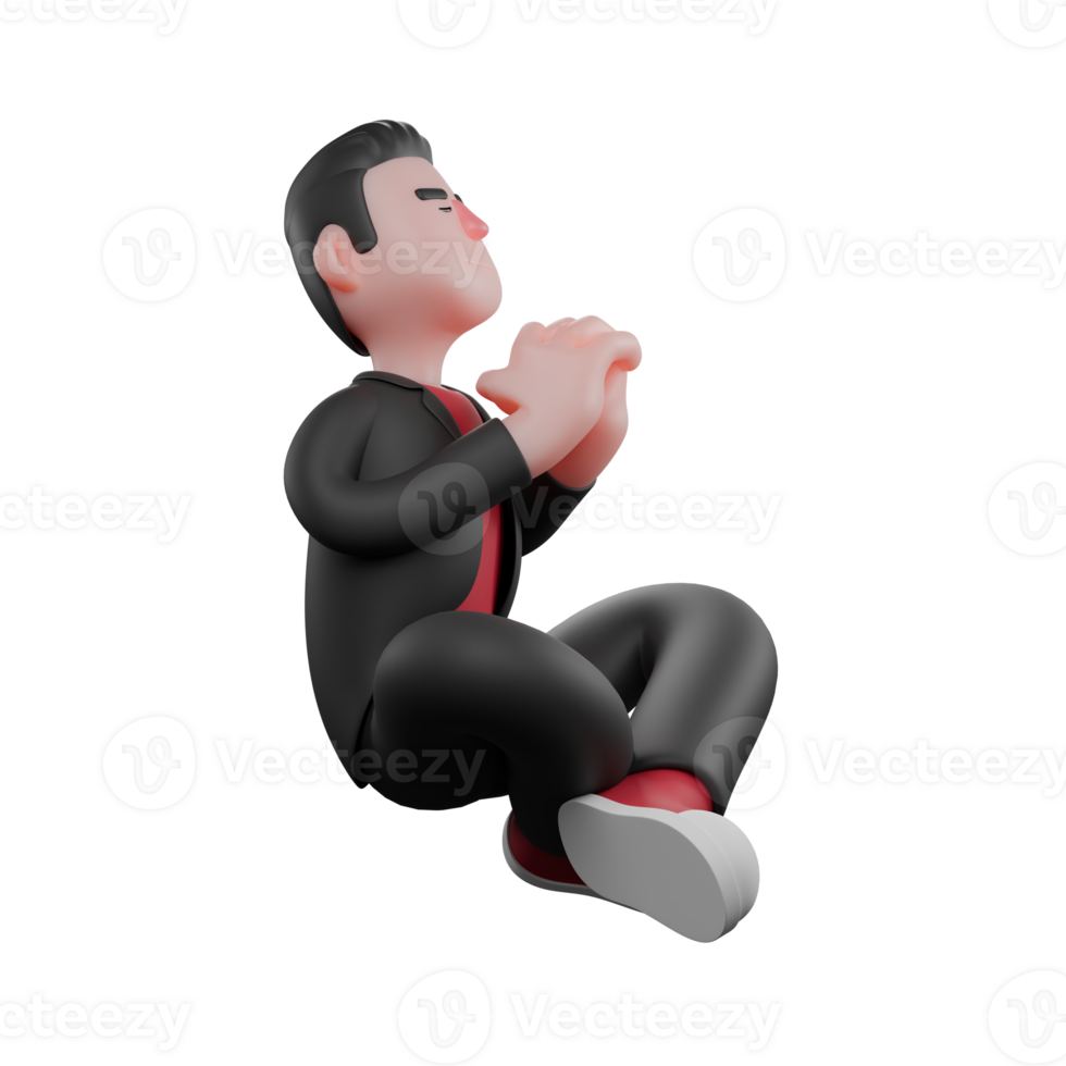 3D Cartoon Dance Choreographer Character. A male choreographer sits cross-legged on the floor, clasping his hands in front of his chest. Performer Design png