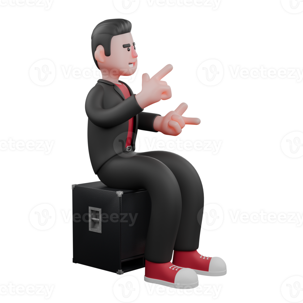 3D Choreographer Dance Artist. A male choreographer sits on a speaker with his hands forming an L symbol with a serious expression. Cartoon Performer png
