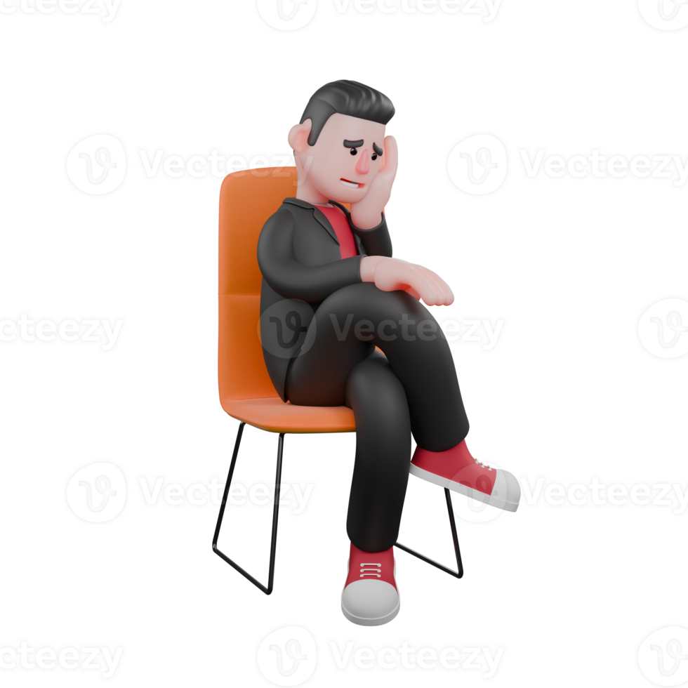 3D Dance Choreographer Star. A male choreographer sits on a chair with his hands supporting his face with a stressed expression. Cartoon Character png