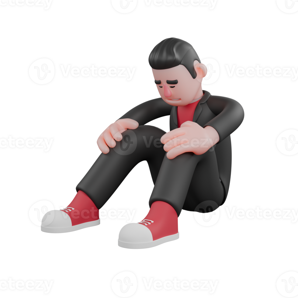 Choreographer 3D Cartoon Artist. A male choreographer sits on the floor with his hands on his knees, his head bowed with a tired expression. Dance Performer png