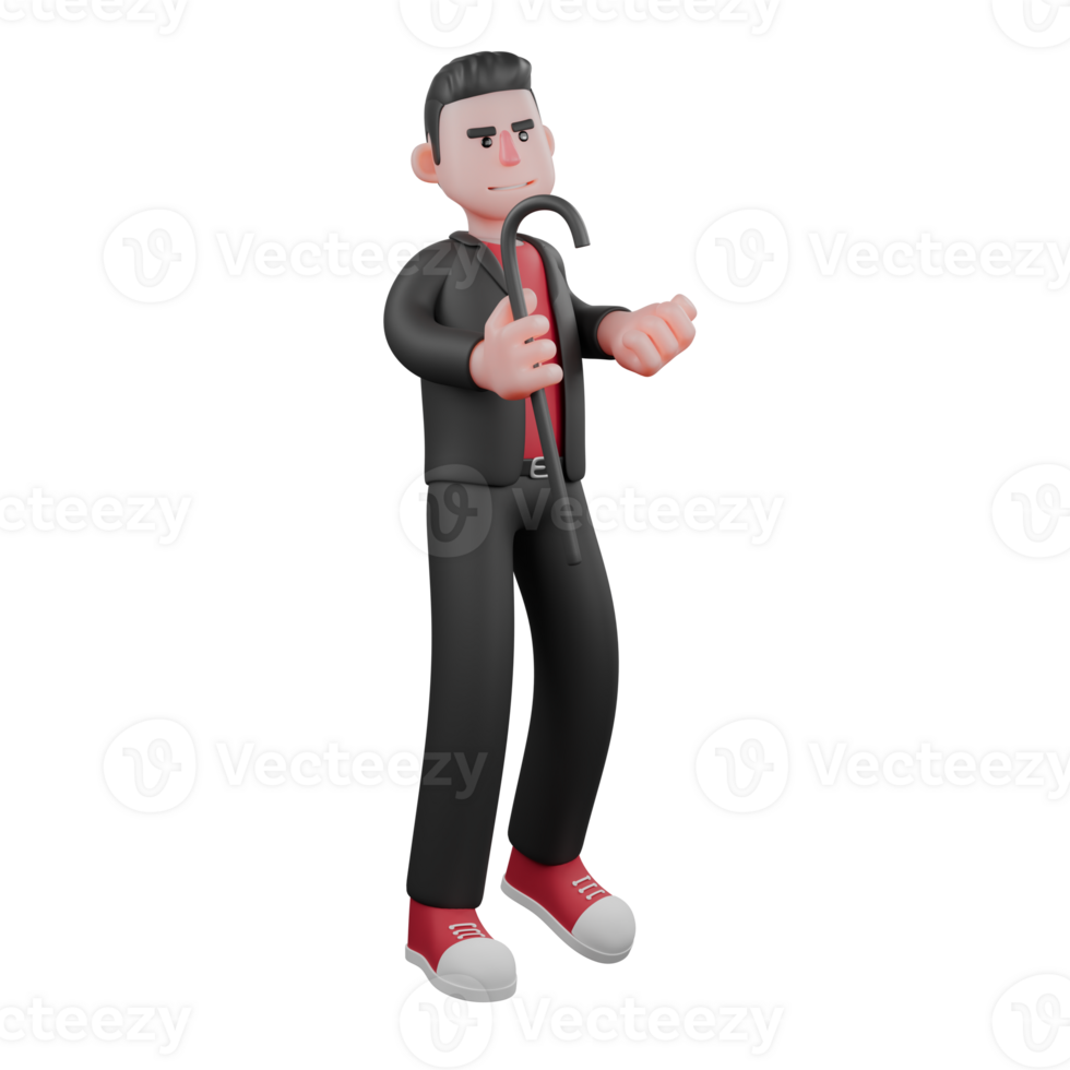 Choreographer Dance Performer 3D. A male choreographer stands holding a stick in his hand with a smiling expression. Cartoon Design png