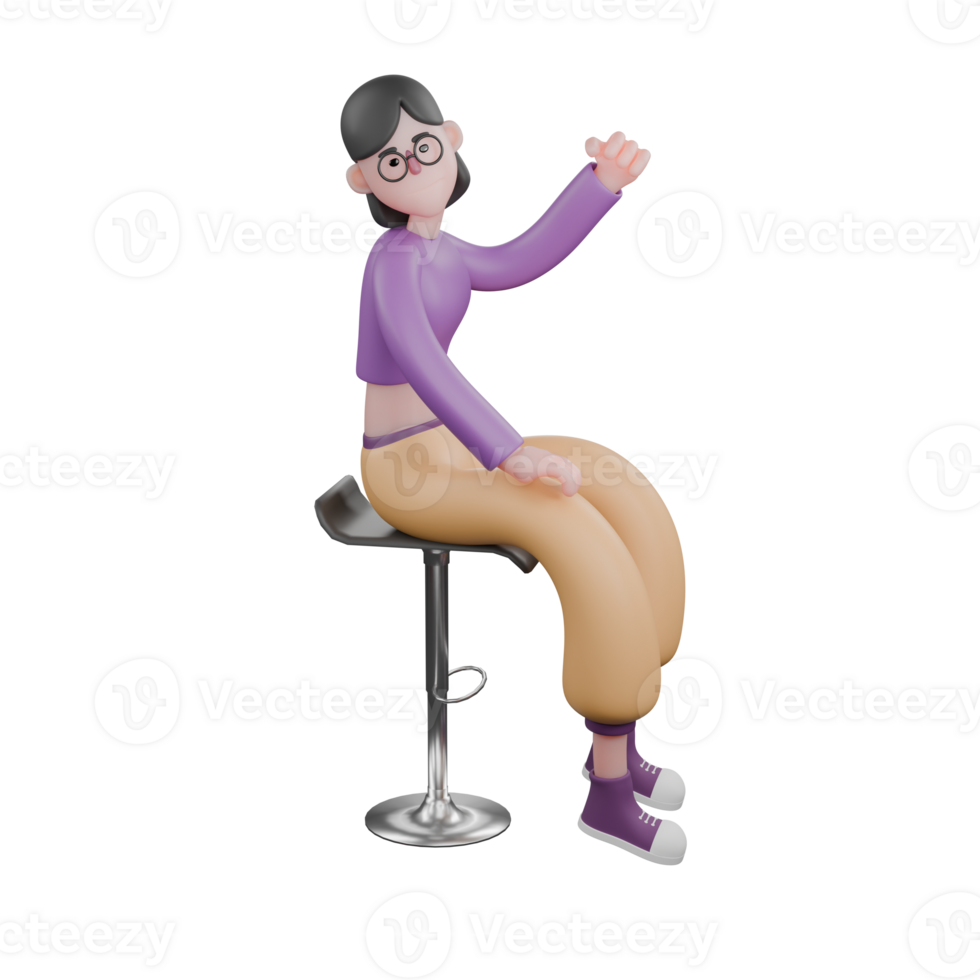 Cartoon Dance Performer in 3D. A female dancer sits on a bar stool facing left and looking to the right with her left hand raised and clenched and her right hand on her thigh. Performer Design png