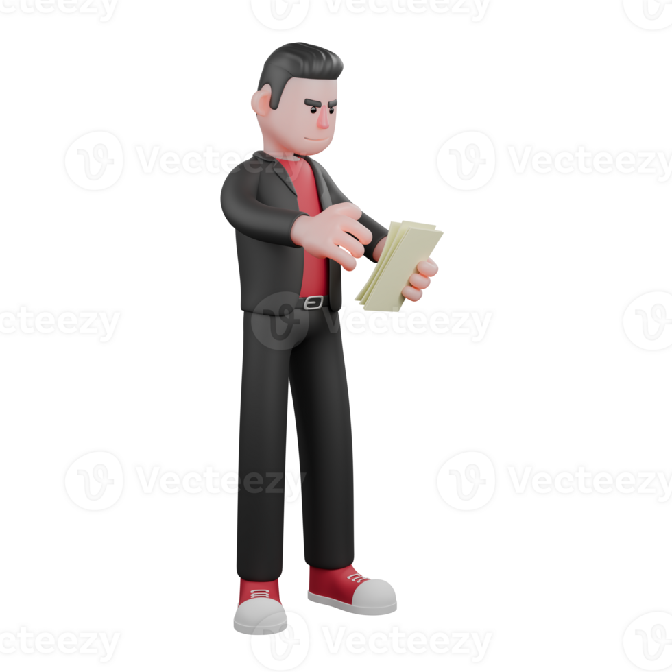 Choreographer Cartoon Character 3D. A male choreographer stands holding a sheet of paper in his hand with a serious expression. Dance Performer png