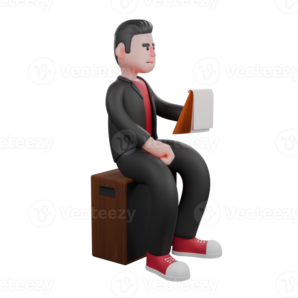 3D Model of Cartoon Choreographer. A male choreographer sits at the loudspeaker while holding a clipboard in his left hand. Dance Performer png